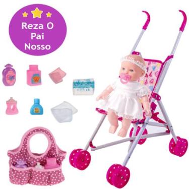 Imagem de kit Boneca Reza o Pai Nosso + Carrinho Bebe + Bolsa Enxoval - Milk Bri