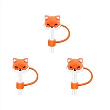 Imagem de 3 peças de capas de palha de silicone reutilizáveis de raposa, topos de palha de animais fofos de desenho animado, tampões protetores de palha à prova de poeira para canudos de beber diâmetro 6-8 mm