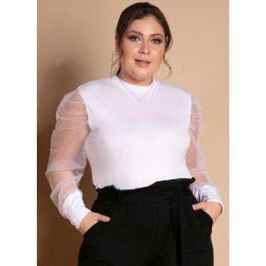 Imagem de Blusa Feminina Plus Size Manga Longa Bufantes Tule  - Quintess, Branco