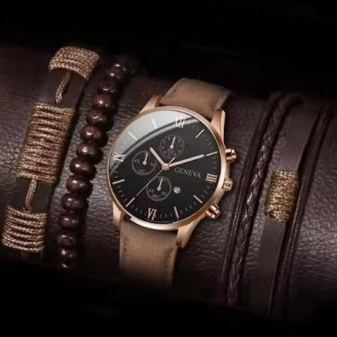 Imagem de Relógio Masculino Marrom Couro Geneva + Kit Pulseiras