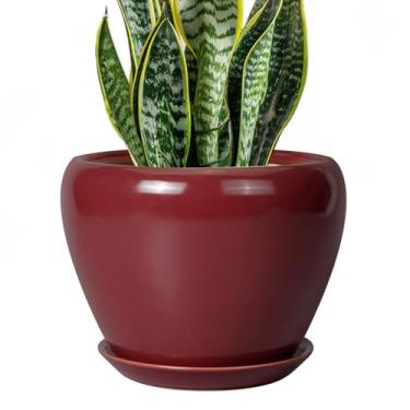 Imagem de Ceramicfor Vaso de cerâmica - Vaso interno de 20 cm com orifício de drenagem e pires para plantas ao ar livre, vaso de flores redondo para decoração de pátio de casa, vermelho