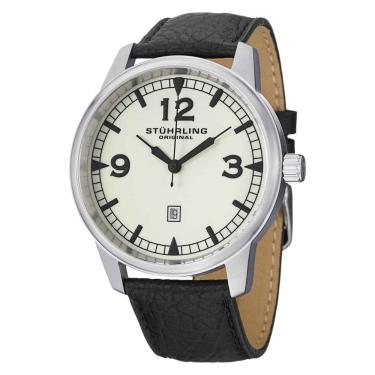 Imagem de Relógio de pulso masculino Condor 1129Q 48mm Aviador em prata com pulseira de couro preta e fivela tang, da marca Stuhrling.