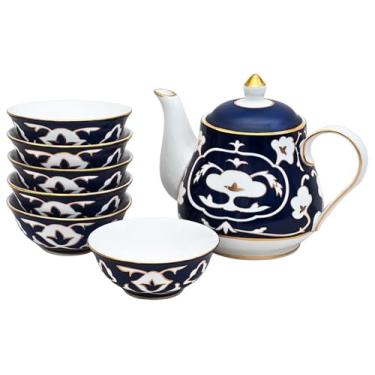 Imagem de Conjunto de chá azul e branco – Bule de chá de porcelana óssea de 800 ml e xícaras de chá de 170 g com design vintage branco - Conjunto de chá elegante para cozinha e presente para mulheres, homens,