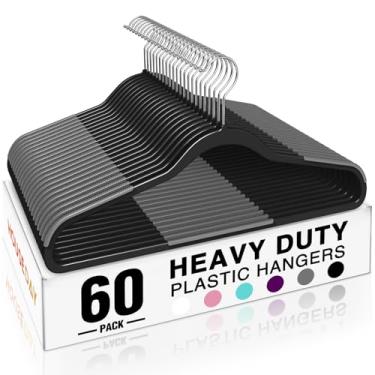 Imagem de HOUSE DAY Cabides de plástico resistente, pacote com 60, cabides antiderrapantes com almofadas de borracha e gancho de 360° – cabide fino de 0,5 polegada, preto, organizador de armário para camisa,