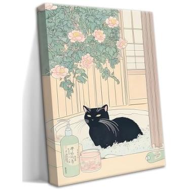 Imagem de Linda arte de parede em tela para decoração de banheiro, imagem de banho de gato preto, pinturas de pôsteres japoneses minimalistas neutros para banheiro quarto decoração estética 30,5 x 40,6 cm