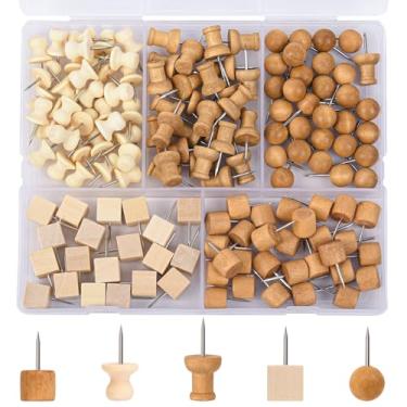 Imagem de Tachinhas de polegar para quadros de avisos, pinos de madeira - 140 peças, 5 estilos e 2 cores, pinos decorativos para artesanato DIY, escritório em casa, com caixa de armazenamento (multiuso)