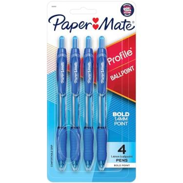 Imagem de Paper Mate Caneta esferográfica retrátil, ponta negrita, barril translúcido, tinta azul, 4 unidades