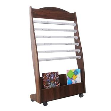 Imagem de Porta-jornais de chão Rack de jornais simples Rack de jornais de madeira para escritório Rack de revistas de chão Rack de livros vertical Rack de jornais de nogueira com seis clipes de jornal e roldan