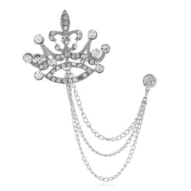 Imagem de coadipress Coroa com corrente suspensa broche para mulheres homens elegantes cavalheiros ouro prata cristal coroa lapela broche vintage strass casamento terno camisa pin acessórios, Middle, Liga de