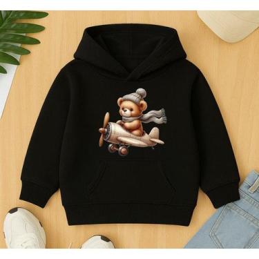 Imagem de Moletom Canguru Infantil Estampa Urso Avião Fofo Pelúcia Piloto Flanel