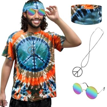 Imagem de XonyiCos Fantasia hippie para homens e mulheres dos anos 60 e 70, camiseta colorida, óculos de sol, faixa de cabeça, colar da paz, festa temática de 4 peças, Conjunto de 4 peças Peace Orange Brown