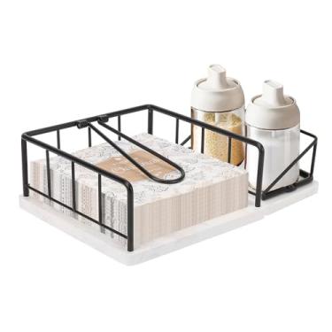 Imagem de Livabber Porta-guardanapos plano, suporte de guardanapo de cozinha de metal com braço de tensão ponderada e armazenamento de temperos para bancada, cozinha de mesa, sala de jantar (com base de mármore, conjunto de porta-guardanapos preto)