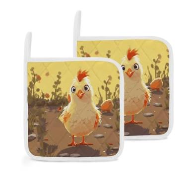 Imagem de Suportes de panela de cozinha com estampa de frango e pintinho, conjunto de pegador de panela para cozinhar e assar com laços para pendurar, lavável na máquina, pacote com 2