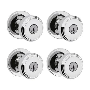 Imagem de Kwikset Maçaneta de porta de entrada Maven com fechadura e chave, alça externa com chave segura, entrada frontal e quarto, cromo polido, pacote com 4, segurança SmartKey Rekey resistente a picaretas