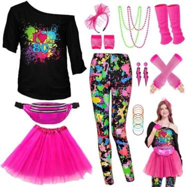 Imagem de WlLDPARTY Conjunto de acessórios de fantasia feminina dos anos 80, camiseta, leggings, saia tutu, pochete para faixa de cabeça, brincos, colar, luvas arrastão, roupas de festa dos anos 80