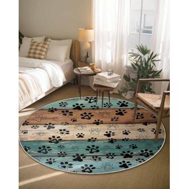 Imagem de Tapete redondo, tapete de madeira marrom para sala de estar, tapete antiderrapante, pegada de animal, retrô, de madeira, macio, confortável, para quarto, quarto de crianças, berçário