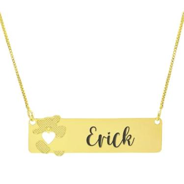 Imagem de Colar Personalizado Ursinho Coração Vazado Gravação Erick Banhado Ouro 18K - 999012028