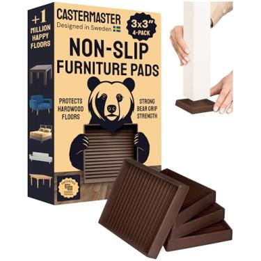 Imagem de CasterMaster Copos de rodízio de móveis quadrados de borracha 3X3 - Conjunto de 4 protetores de piso marrons antiderrapantes para madeira - Pinças de móveis - Protetores de piso de perna de mesa