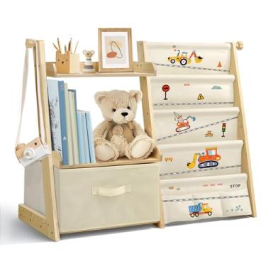Imagem de wooshwa Estante infantil e organizador de brinquedos 2 em 1, prateleira de livros para quartos de crianças com caixa de brinquedos móvel, suporte para livros de 4 níveis para berçário, quarto, sala de