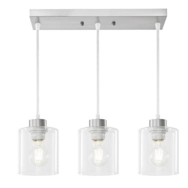 Imagem de Luminária pendente de níquel escovado de 3 luzes com vidro transparente, luminária suspensa para teto, luminária de ilha de cozinha ajustável para sala de jantar, quarto, corredor, base E26, lâmpadas