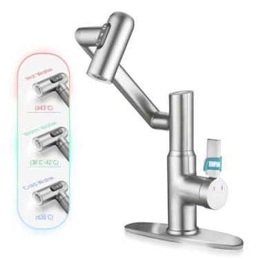 Imagem de XIANPIOO Torneira De Banheiro Giratória Com Visor De Temperatura Em Graus Celsius (Sem Pilhas), Torneira Inteligente Com Altura Ajustável E 3 Configurações De Água Para Banheiro, Rv, Lavatório, Pia,