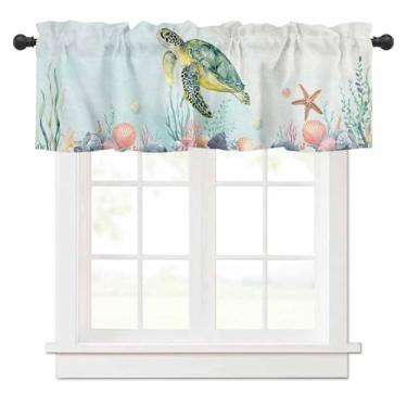 Imagem de Cortina de sanefa de tartaruga marinha para janelas de cozinha, cortina de camada de concha de estrela do mar oceano em aquarela verde-azulado ombré tratamento de janela sanefa para quarto/sala de