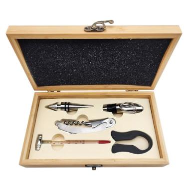 Imagem de Kit Acessórios Para Vinho Em Inox E Caixa De Bambu - 5 Peças