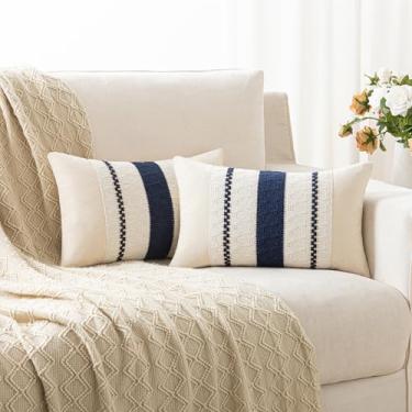 Imagem de Alsoo Conjunto de 2 capas de almofada Boho 30,5 x 50,8 cm, capa de almofada decorativa azul marinho para sofá sala de estar, casa de fazenda moderna neutra boêmia rústica decoração de casa