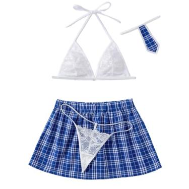 Imagem de Avidlove Conjunto de lingerie sexy para meninas escolares com sutiã de renda e minissaia xadrez (azul, GG)