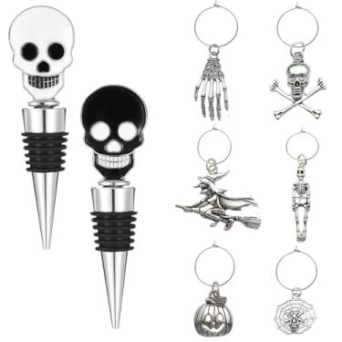 Imagem de Conjunto de rolhas de vinho de Halloween com berloques de vinho, 2 peças de rolhas de vinho de caveira reutilizáveis com vedação de silicone, tampa de garrafa à prova de vazamento, mantenha