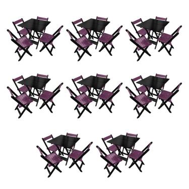 Imagem de Kit 8 Mesas de Madeira Dobrável Preto 70x70 com 4 Cadeiras Dobráveis Roxo
