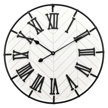 Imagem de EMAX HOME Relógio de parede grande de madeira – Relógio de parede de fazenda extra grande com algarismos romanos 3D, relógio moderno branco redondo de madeira e metal para sala de estar, cronometragem