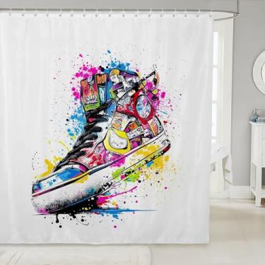 Imagem de Feelyou Cortina de chuveiro de tênis retrô legal para crianças, meninos, meninas, sapatos de grafite, banheiro, acessórios à prova d'água, com 12 ganchos, cortinas de grafite, 182 x 182 cm