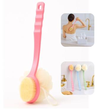 Imagem de Escova e Bucha de Banho Dupla Face Esponja com Alça Limpeza Corporal Profunda Cerdas Macia Bucha Esfoliante Massageadora Lavar Corpo Todo Cabo Longo Grande Costas Esfregar Esfoliar Anatômico Pés