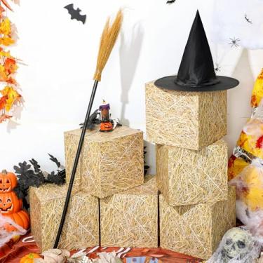 Imagem de Simgoing Conjunto de 8 peças com tema de bruxa de Halloween, chapéu de bruxa, vassouras de madeira com fardos de feno grandes, caixas de papel para bruxas, rosa e verde, adereços de cabine de fotos de