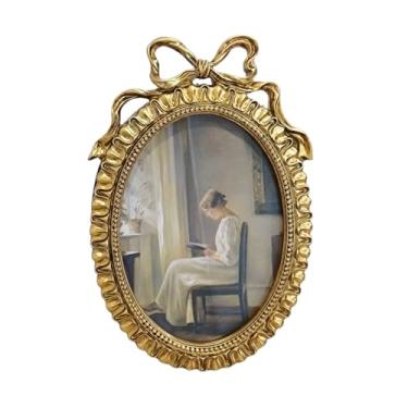 Imagem de LONG XIN SERIES 1 porta-retratos vintage 12 x 18 cm, moldura oval de resina com laço frontal de vidro para decoração de casa, mesa e parede (ouro vintage)