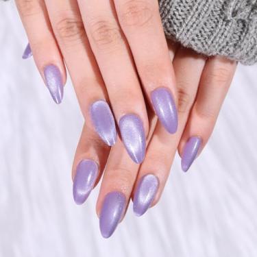 Imagem de 30 peças de unhas de pressão de amêndoas médias com ponta francesa com purpurina, cobertura completa, cola em bastão de unha para mulheres (nº 02 roxo)