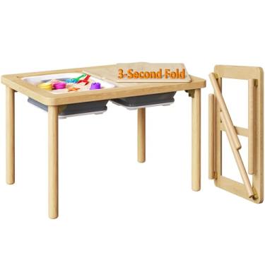 Imagem de FUNLIO Mesa sensorial de madeira dobrável com 2 compartimentos para crianças, mesa de atividades infantis com tampa de compensado antideformação, mesa de areia e água para brincar interna/externa