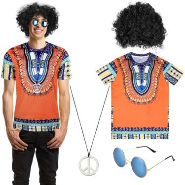 Imagem de Inclui kit masculino, conjunto retrô dos anos 70 anos 60, fantasia hippie peças 4 - tamanho M, suprimentos, vestido de festa, vestido extravagante, óculos de sol vintage com sinal de paz, peruca