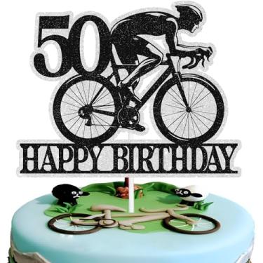 Imagem de Bike 50 Topper Bolo Preto Prata Feliz 50º Aniversário Ciclismo Decoração de Bolo Bicicleta Tema Bicicleta Cinquenta Anos Para Homens Mulheres Decorações de Festa de Aniversário Suprimentos