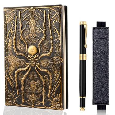 Imagem de FEIDIAO Caderno vintage aranha DND em relevo, diário de viagem de couro PU 3D com caneta esferográfica e manga para caneta, diário A5 de capa dura, diário de capa dura, presente de escrita para homens
