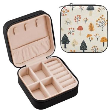 Imagem de Wassud Lindo estojo de joias para viagem na floresta de outono para mulheres, meninas, senhoras, noiva, mini organizador de joias de couro PU, caixa quadrada de armazenamento de joias para brincos