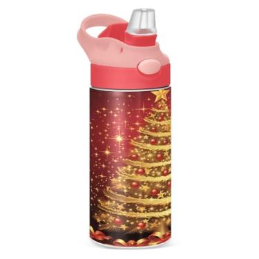 Imagem de YETTASBIN Garrafa de água de árvore de Natal para crianças, 340 g, à prova de vazamento, parede dupla, isolada, copo de viagem com tampa de canudo para meninas, meninos e crianças