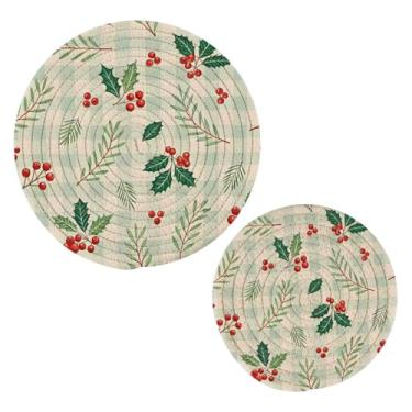 Imagem de Wassud Conjunto de trivet de guingão de azevinho de Natal para pratos quentes, suportes de panela redondos, almofadas quentes de algodão, porta-copos elegantes, decoração de cozinha e acessórios, 2