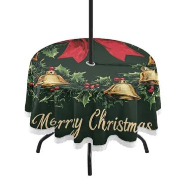 Imagem de CEBUGI Toalha de mesa redonda para ambientes externos, guirlanda de Natal com folhas de azevinho, à prova d'água, com orifício Umberlla, capa de mesa lavável para pátio, cozinha, sala de jantar, 152