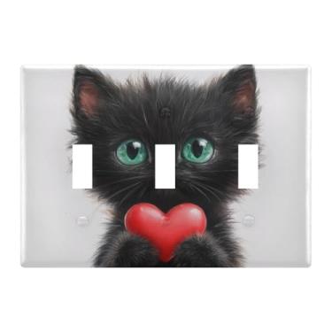 Imagem de Burbuja Valentine Black Cat Hold Heart Toggle Light Switch Wall Plate Cover, placa decorativa de parede, parafusos incluídos, 3 gangs
