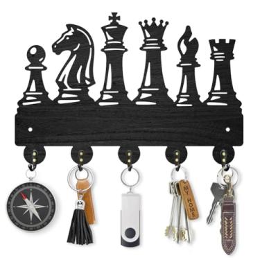 Imagem de MAYJOYDIY Porta-chaves de madeira de xadrez, peças de xadrez, cabide para parede, 29 × 19 cm, suporte de parede decorativo King Queen, com 5 ganchos de liga para entrada, cozinha, escritório, quarto