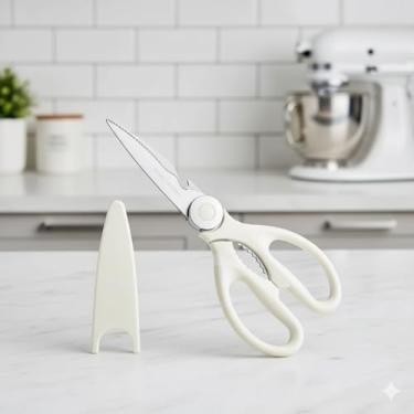 Imagem de Tesoura de cozinha multiuso – Tesoura de cozinha de aço inoxidável resistente para carne, aves, peixe, legumes, ervas, tesouras afiadas multiuso para alimentos, podem ser lavadas na lava-louças, creme