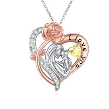 Imagem de WYDDO Colar com pedra do mês de nascimento para mãe e filho, pingente de coração amor I Love You Mom Jewelry Gifts for Grandmother Women Wife Her, 1.1" (H) x 0.98" (W) pendant, 18" + 2" chain, Base
