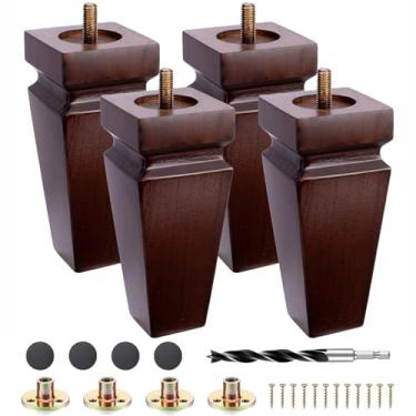 Imagem de Texphw Conjunto de 4 pernas de móveis de madeira quadrada premium - pés de substituição de madeira para sofá, mesa de cabeceira, sofá de cômoda com ferragens de instalação (marrom 15 cm A x 6,3 cm L)